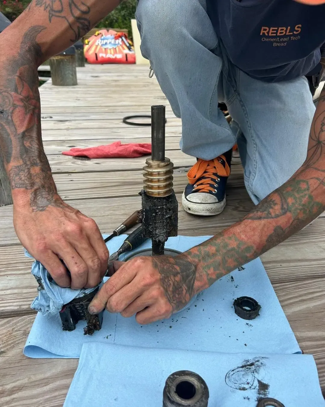 Boat lift gearbox parts laid out for service
